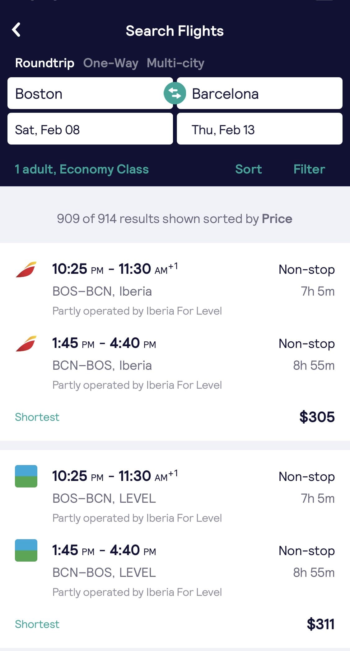 Flight search showing Boston to Barcelona round trip nonstop on Iberia for $305 and on LEVEL for $311, departing February 8 and returning February 13