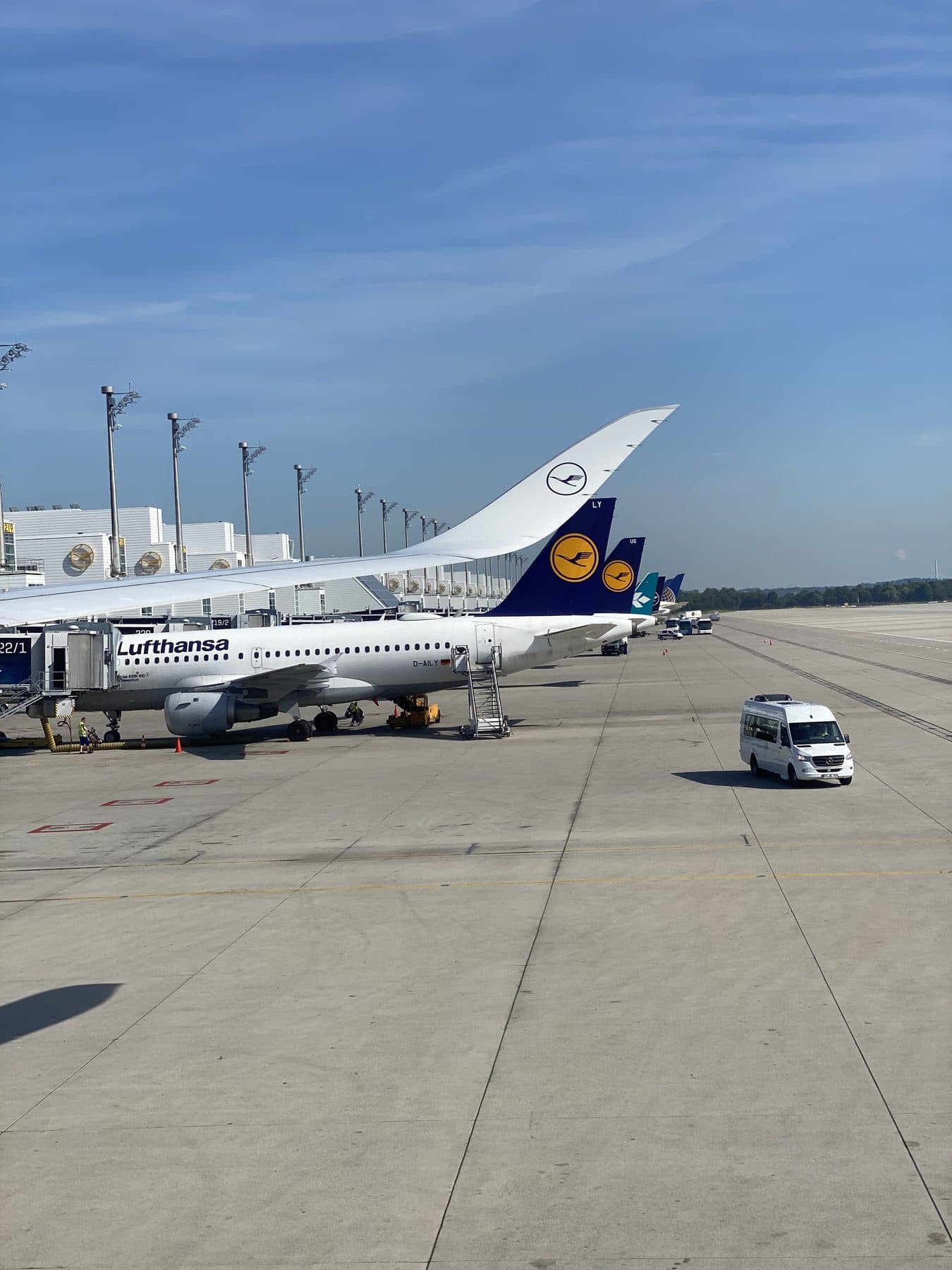 A line of Lufthansa aircraft at their gates at Munich Airport under a clear sky