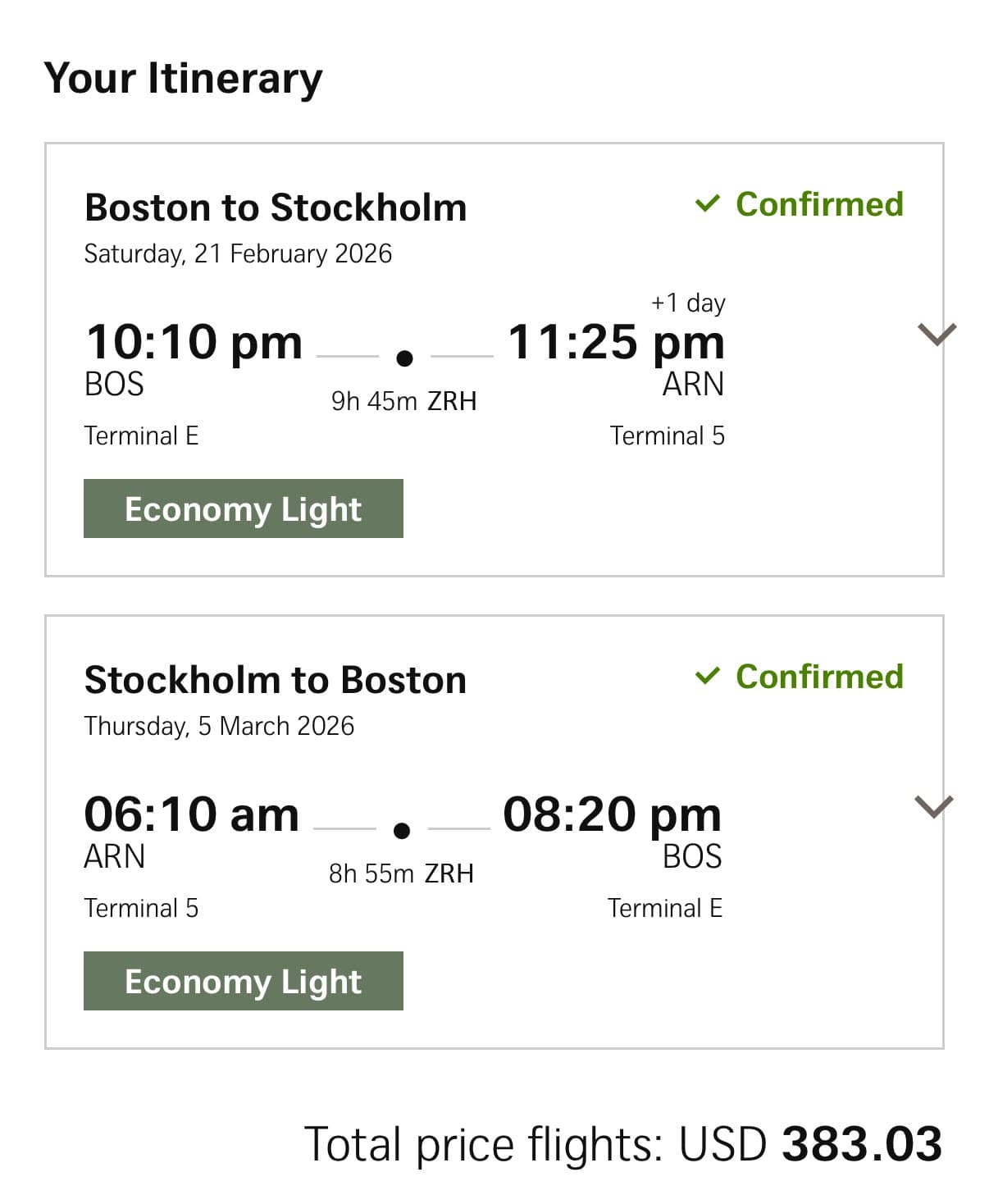 SWISS booking confirmation for Boston to Stockholm via Zurich, February 21 to March 5 2026, Economy Light, total 383.03 US dollars